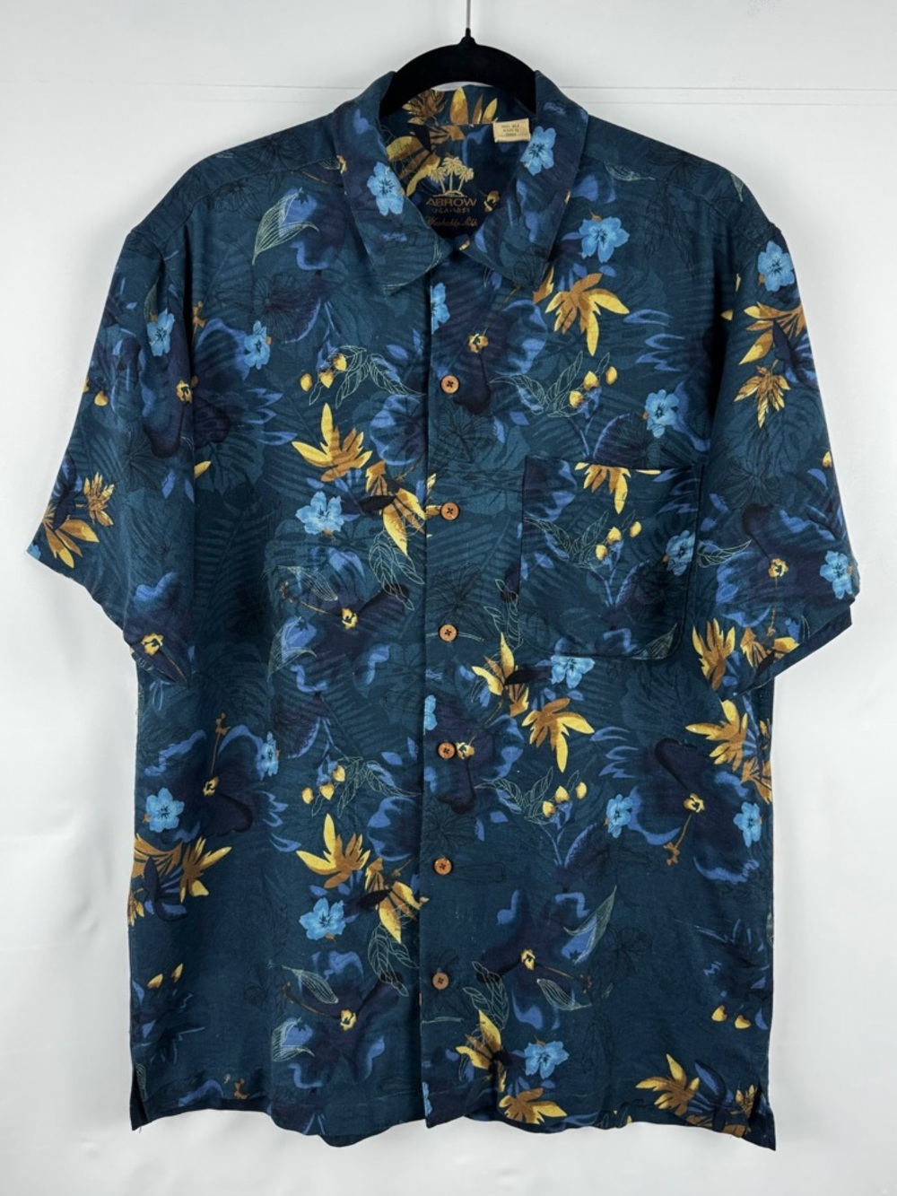 Blue and Yellow Floral Short-Sleeve Button-Down Silk Hawaiian Shirt